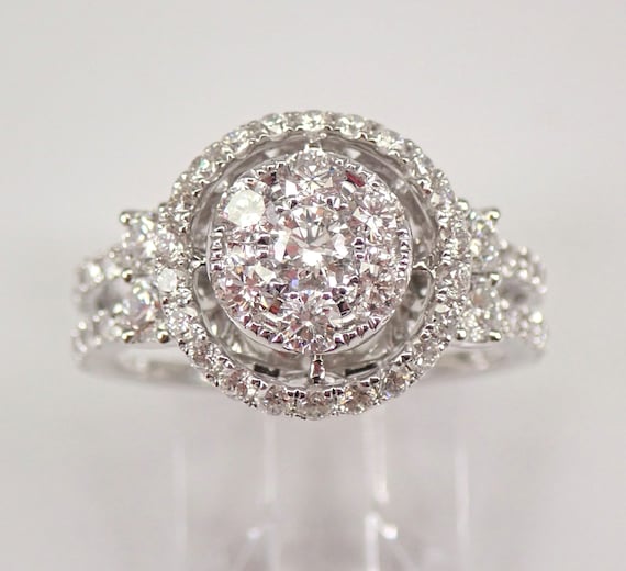 18K White Gold Diamond Engagement Ring - Floating Diamond Cluster Halo - Fine Jewelry Bridal Wedding Gift