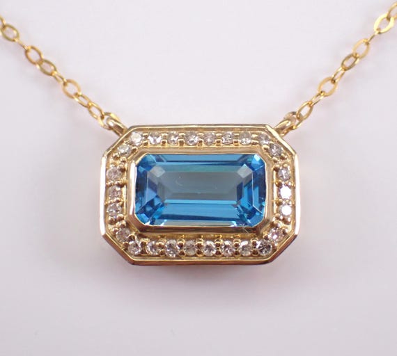 Yellow Gold Blue Topaz Necklace - Diamond Halo Pendant and Chain - Dainty Station Charm Jewelry Gift