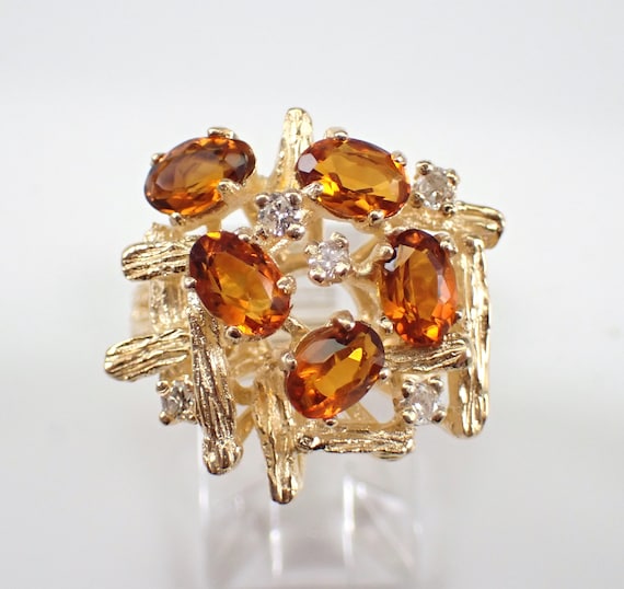 70s Vintage Citrine and Diamond Cluster Ring - 14k Yellow Gold Abstract Nugget Branch Design - November Birthstone Fine Jewelry Gift