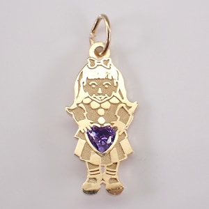 Vintage 14K Yellow Gold Child Charm Pendant, Estate Girl Amethyst Heart Drop for Necklace or Bracelet