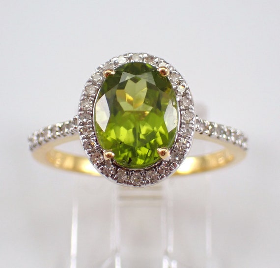Genuine Peridot and Diamond Ring, Solid Yellow Gold Halo Setting, August Birthstone Jewelry, Oval Green Gemstone Engagement Gift