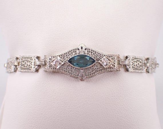 20s Antique White Gold Filigree Bracelet - Blue Zircon and Diamond Centerpiece Link - Unique Fine Jewelry Gift