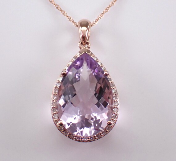 Teardrop Amethyst and Diamond Necklace - Rose Gold Genuine Gemstone Charm Pendant - February Birthstone Jewelry Gift for Her