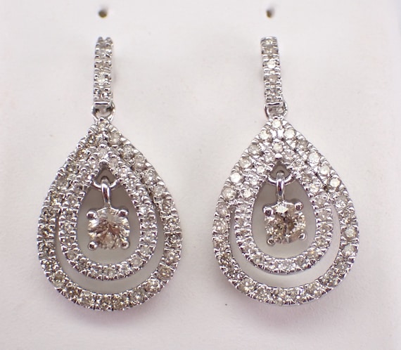 White Gold Diamond Dangle Earrings - Unique Teardrop Modern Chandelier Design - GalaxyGems Fine Jewelry Gift