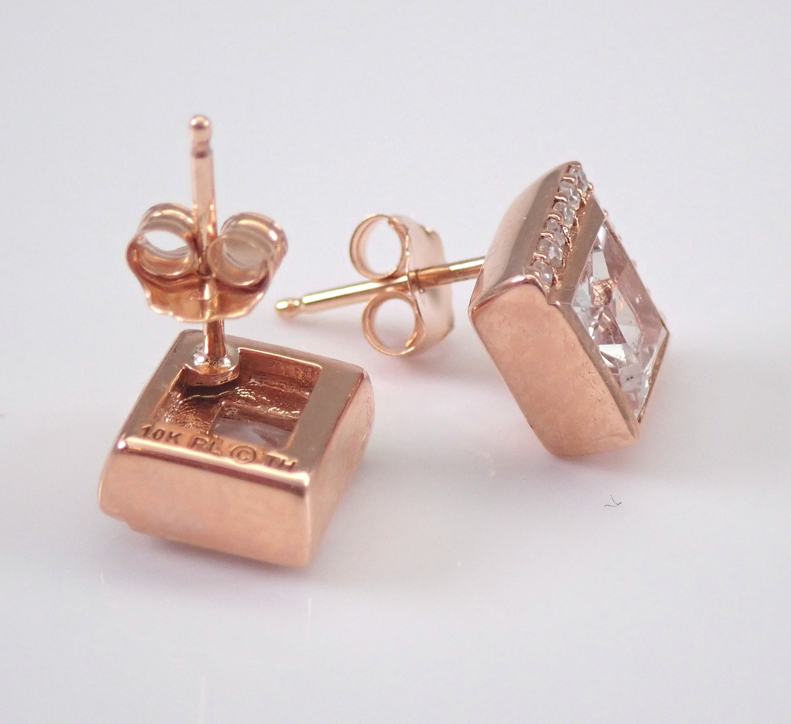 Princess Cut Morganite and Diamond Stud Earrings Pink Aqua Rose Gold Studs