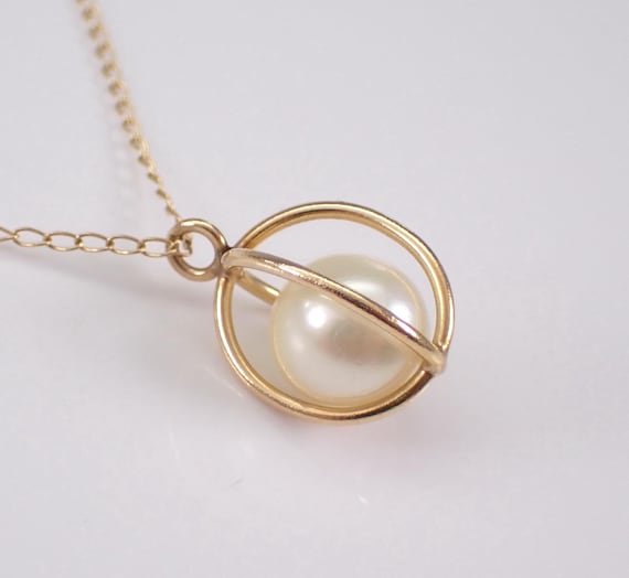14K Yellow Gold Pearl Dangle Necklace - Solitaire Choker Charm Pendant and Chain - June Birthstone Vintage Jewelry Gift