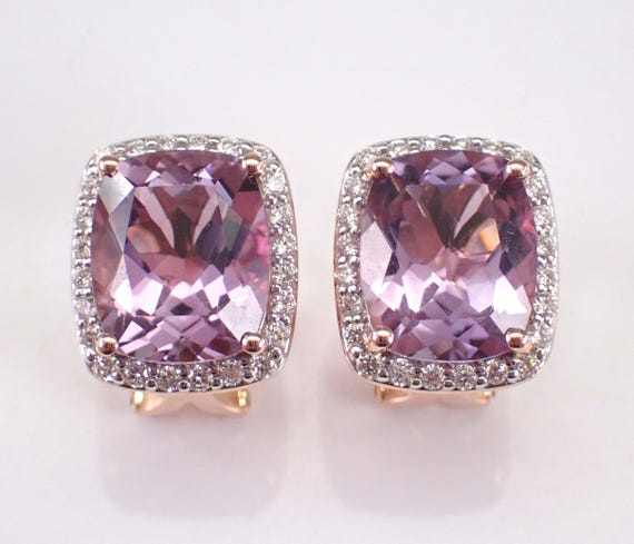 14K Rose Gold Amethyst and Diamond Earrings: February Gemstone Omega Clasp Drop