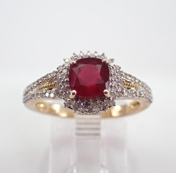 Ruby and Diamond Engagement Ring - Yellow Gold Gemstone Halo Setting - July Birthstone Fine Jewelry Gift