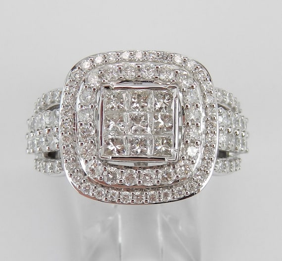 Princess Cut Diamond Engagement Ring - White Gold Square Chunky Anniversary Band - Cluster Bridal Fine Jewelry Gift