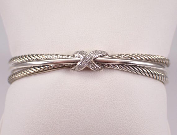 Sterling Silver Diamond Bangle Bracelet - Vintage David Yurman Braided Crossover Cable Cuff