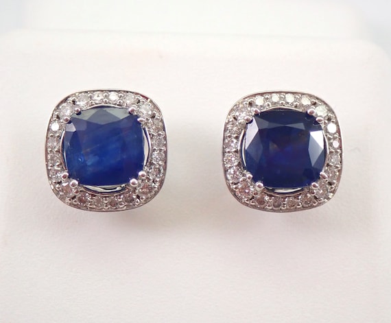 2.21ct Genuine Sapphire Stud Earrings, Cushion Cut Diamond Halo Setting, Solid 18K White Gold Earrings, September Birthstone Gems