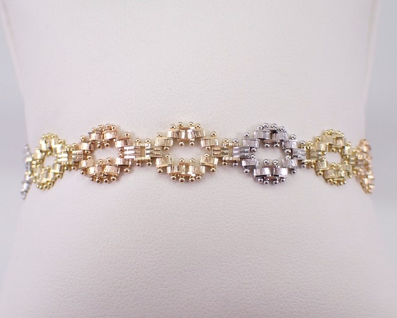 14K Tri Color Gold Vintage Bracelet, Layering Everyday Casual Mesh Jewelry, Unique Braided Estate Bracelet