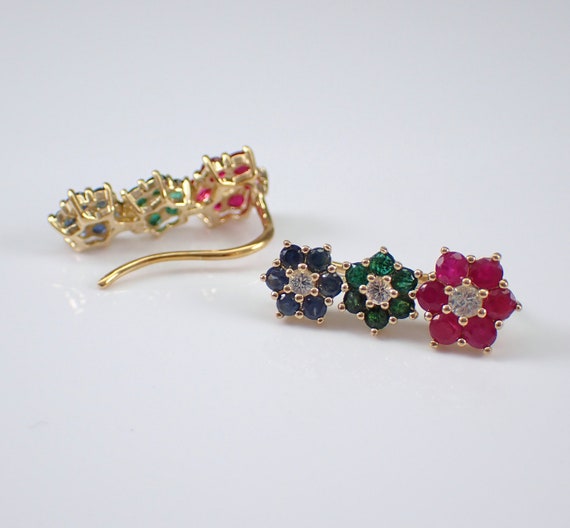 Gemstone Flower Ear Climbers - Solid Yellow Gold Ear Crawler Earrings - Unique Ruby Sapphire Emerald Clusters