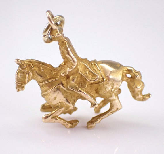 14K Yellow Gold Horse and Rider Charm Pendant - Equestrian Vintage Jewelry for Necklace or Bracelet