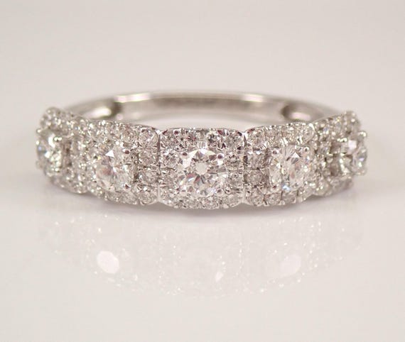 14K White Gold Diamond Wedding Ring - Stackable Halo Anniversary Band