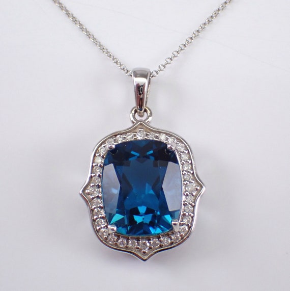 Cushion Cut Blue Topaz Pendant and Chain - Unique 14K White Gold Diamond Halo Charm Necklace - December Birthstone Jewelry Gift