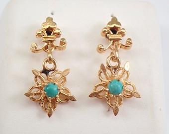 Dainty Antique Turquoise Earrings - 14K Yellow Gold Little Dangle Drops - Edwardian Star Celestial Jewelry