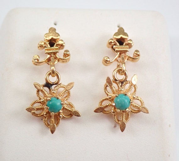 Dainty Antique Turquoise Earrings - 14K Yellow Gold Little Dangle Drops - Edwardian Star Celestial Jewelry