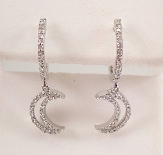 14K White Gold Moon Diamond Earrings, Crescent Dangle Charm Celestial Jewelry Gift