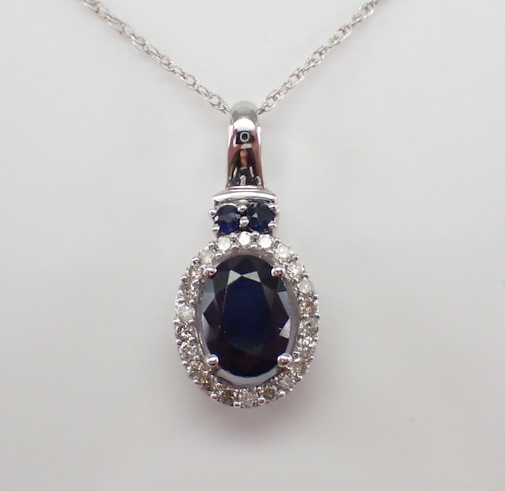 Sapphire and Diamond Pendant and Chain - White Gold Halo Charm Necklace - Birthstone Gemstone Fine Jewelry Gift