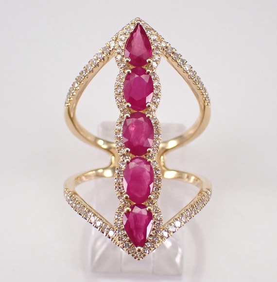 14K Yellow Gold Ruby and Diamond Ring - Elongated Anniversary Band - Unique GalaxyGems Gemstone Jewelry Gift
