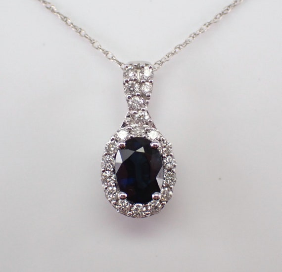 Blue Sapphire and Diamond Necklace - Solid White Gold Halo Pendant Setting - Genuine Gemstone Fine Jewelry Gift