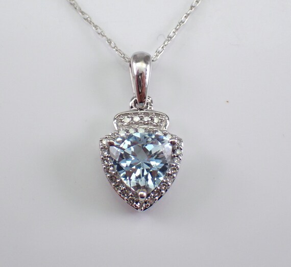 Trillion Aquamarine and Diamond Pendant and Chain - White Gold Halo Slide Necklace - March Birthstone Gemstone Jewelry