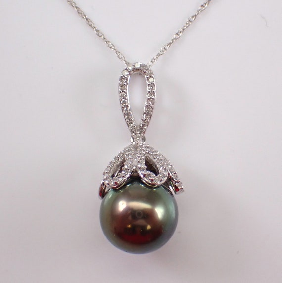 Black Tahitian Pearl and Diamond Necklace - 14K White Gold Dangle Drop Charm Pendant - Bridal June Birthstone Jewelry Gift