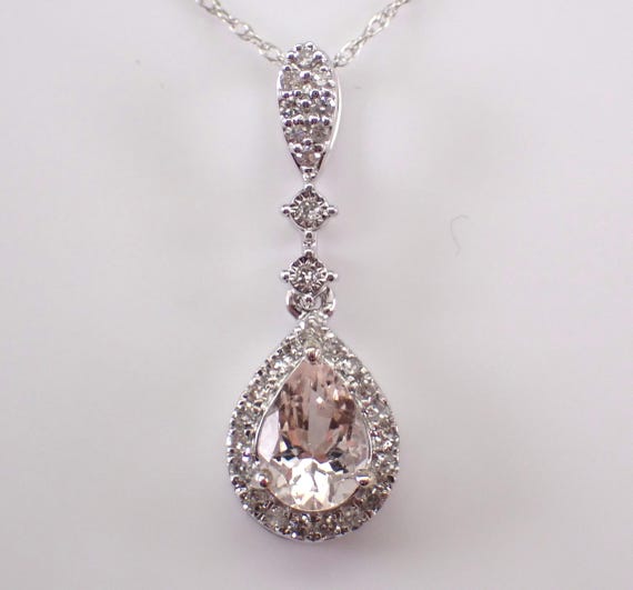 Diamond and Morganite Necklace - White Gold Teardrop Pendant and Chain - Bridal Wedding Fine Jewelry Gift