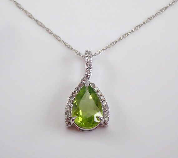 Teardrop Peridot and Diamond Pendant, White Gold Genuine Gemstone Necklace, August Birthstone Jewelry Gift for Her