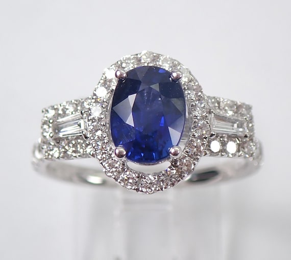 18K White Gold Sapphire Engagement Ring - Baguette Diamond Halo Setting - Gemstone Fine Jewelry Gift