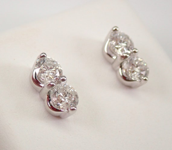 14K White Gold Diamond Stud Earrings,  Two Stone Round Brilliant Studs, Unique Birthday Fine Jewelry Gift