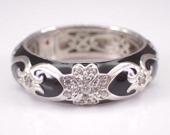 Vintage Black Enamel Eternity Wedding Band: Sterling Silver Stackable Hidalgo Estate Ring
