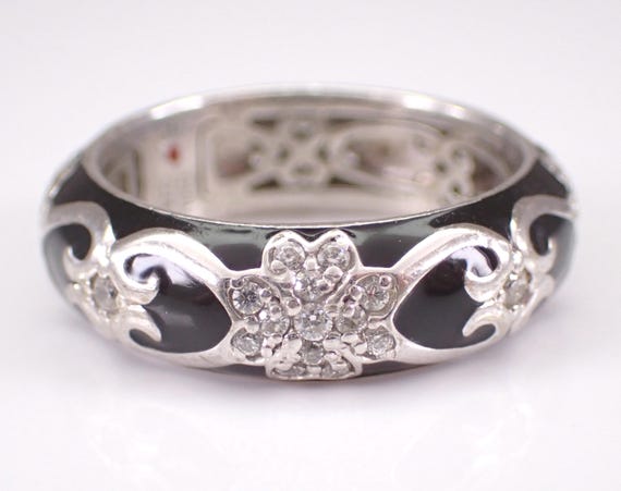 Vintage Black Enamel Eternity Wedding Band: Sterling Silver Stackable Hidalgo Estate Ring