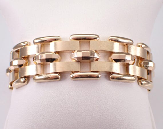 Vintage 14K Yellow Gold Bracelet, Wide Link Chunky Estate Fine Jewelry Gift, 7" 36.9 grams