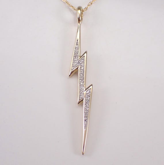14K Yellow Gold Diamond Charm Necklace: Lightning Bolt Pendant and Chain