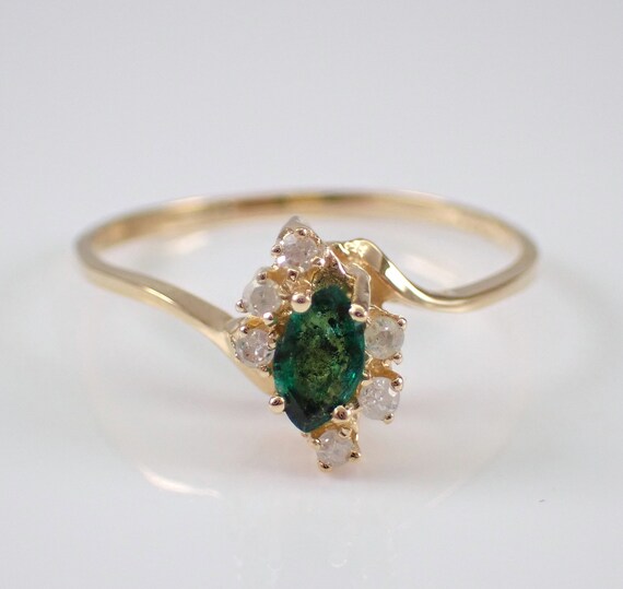 Dainty Emerald and Diamond Engagement Ring - Vintage 14K Yellow Gold Bridal Setting - May Birthstone Fine Jewelry Gift