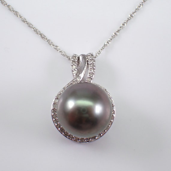 Black Tahitian Pearl and Diamond Necklace - 14K White Gold Halo Drop Pendant Charm - Simple June Birthstone Jewelry Gift