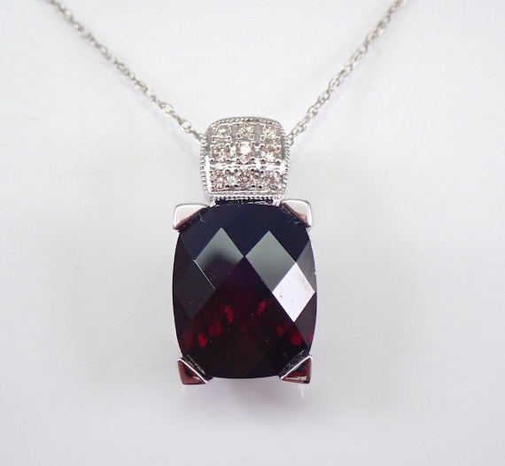14K White Gold Garnet Pendant and Chain, Diamond Set Enhancer Necklace, January Birthstone Wedding Jewelry Gift