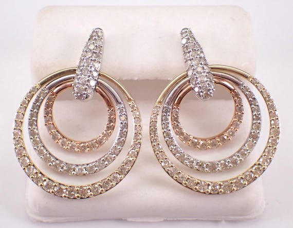 Tri Color Gold Diamond Drop Earrings - Unique Interlocking Circle Dangle