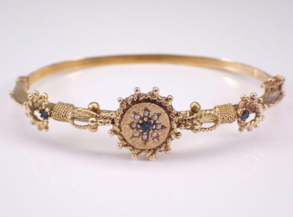 Sapphire and Pearl Bangle Bracelet - Antique Victorian 14K Yellow Gold Cuff - Flower Star Gemstone Jewelry