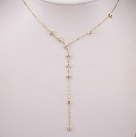 Diamond LARIAT Necklace - Yellow Gold Star Charm Pendant and Chain - Unique Celestial Jewelry Gift