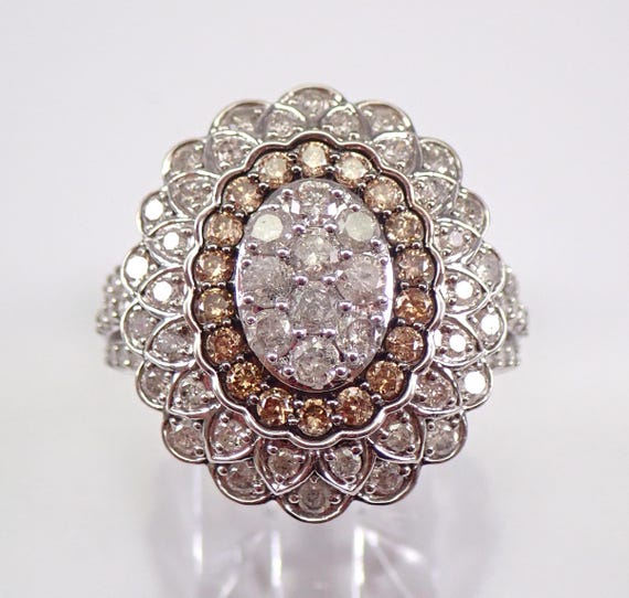 Fancy Cognac and White Diamond Cocktail Ring - White Gold Large Oval Halo Setting - Chunky Bridal Fine Jewelry Gift