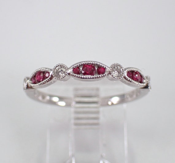 18K White Gold Ruby Wedding Ring - Dainty Diamond Bridal Setting - Half Eternity Anniversary Band - July Birthstone Gemstone Gift