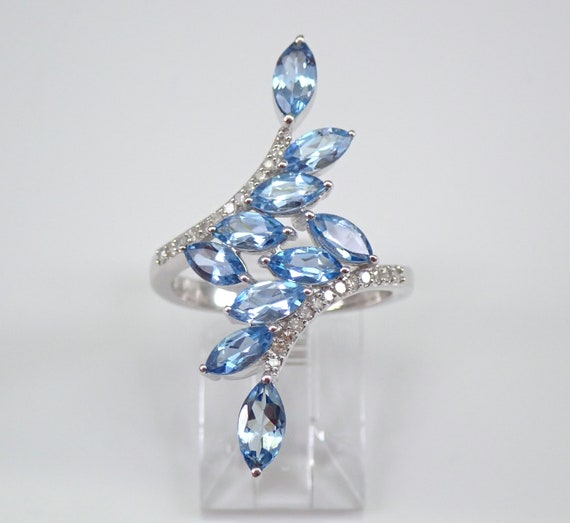 14K White Gold Aquamarine Ring - Gemstone and Diamond Bypass Ring - March Birthstone Gift for Women