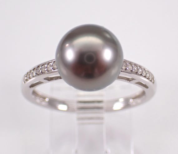 14K White Gold Black Tahitian Pearl Ring - Dainty Bridal Diamond Engagement Band - June Gemstone Fine Jewelry Gift