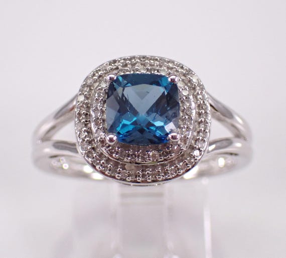 London Blue Topaz and Diamond Ring - White Gold Gemstone Halo Setting - Cushio Cut Birthstone Fine Jewelry Gift