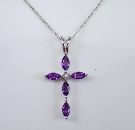 Amethyst and Diamond Cross Pendant - White Gold Necklace and Thin Chain - Unique Religious Charm Choker Jewelry