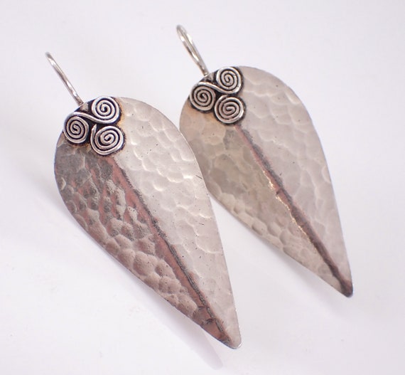 Vintage Sterling Silver Earrings, Bohemian Teardrop Hammered Earrings, Large Long Jewelry Gift