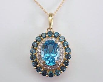 Blue Topaz and Diamond Pendant and Chain - Yellow Gold Gemstone Halo Necklace - December Birthstone Fine Jewelry Gift